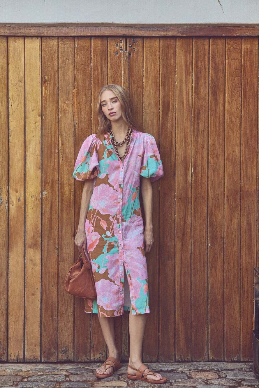Lanhtropy Pink Floral Print Linen Maxi Dress Bubble Sleeve Women’s Size Small